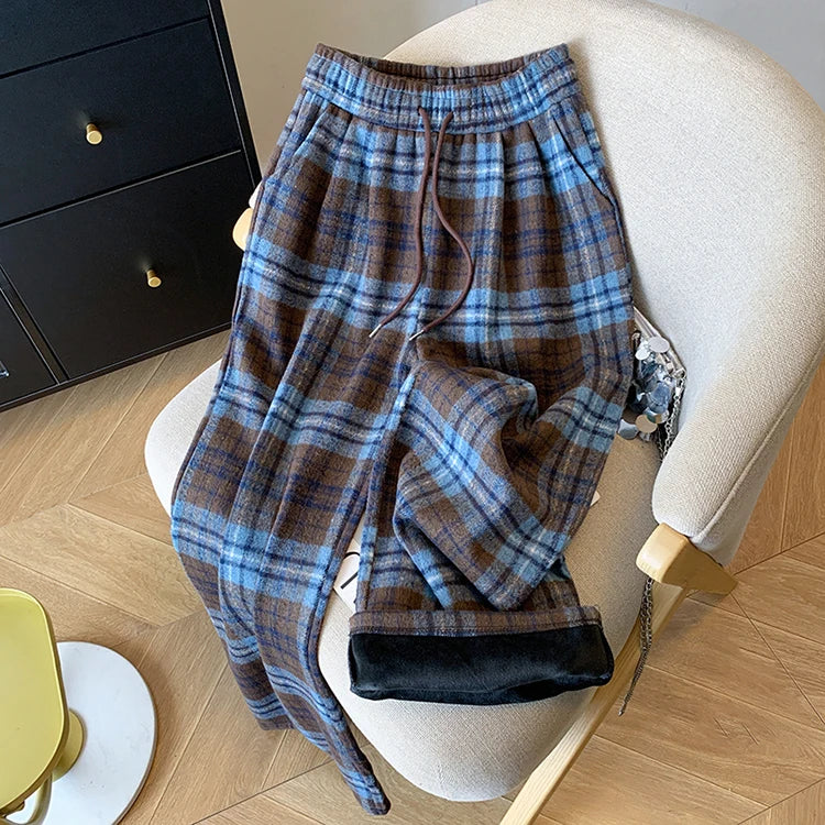 PENDRA Plaid Woolen Elastic Waist Wide Leg Pants