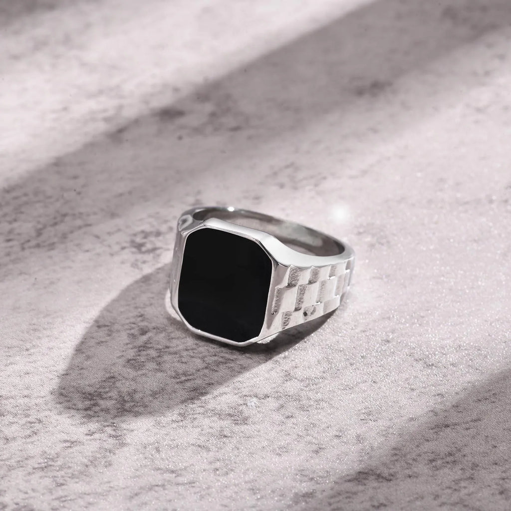 Stylish Watch Band Rings for Men, Stainless Steel Black Square Signet Pinky Thumb Ring for Dad Father Jewelry Gift for Him