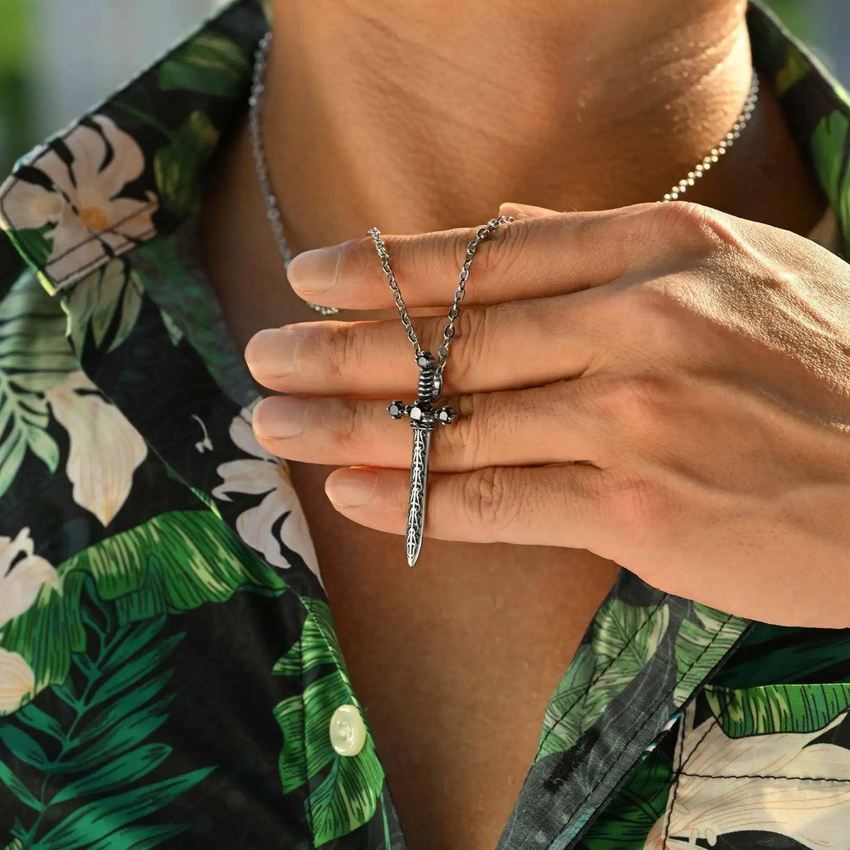 Punk Stainless Steel Sword Necklace for Men Boys,Vintage Black Zircon Sword Shape Pendant,Gift for BBF Son Dad