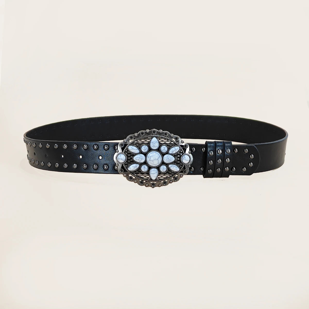 Men and Women's Casual Punk Rivet Belt Western Style PU Leather Belt with Turquoise Buckle for Daily Work Wear Gothic Jeans Belt
