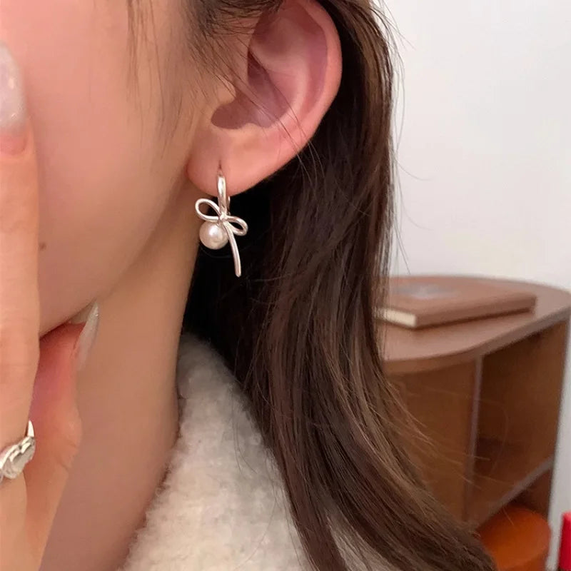 VENTFILLE 925 Sterling Silver Bow Knot Pearl Earring for Women Versatile Korean Design Gift Jewelry Dropshipping