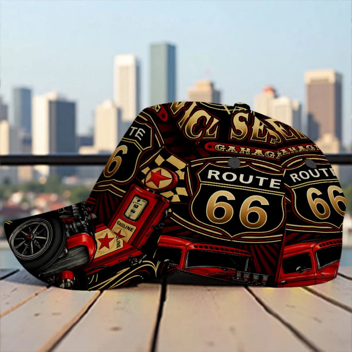 1pc Featuring a Route 66 Hot Rod Garage Design, This All-Over Print Duckbill Hat Has a Fitted Closure And Is Stylishly Hand Wash