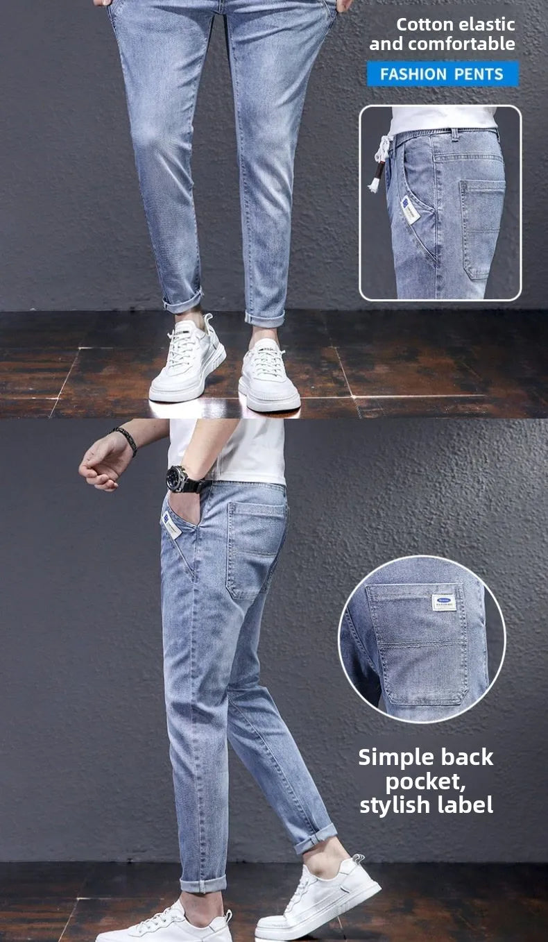 Man Fashion Elastic Waist Denim Jeans Men's Elastic Slim-fit Harlan 2026 New Light-colored Casual Trend Drawstring Men's Pants