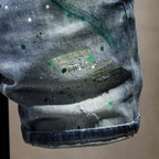Washed Ripped Denim Men's Trendy Brand Spray Paint Medium Summer Thin Elastic Patch Bermuda Short Pants Men's Jeans Shorts