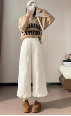 Elastic waist design down pants women winter cold resistant and warm high waist loose hanging casual straight leg pants