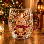 Christmas Double Wall Glass Mug Red Handle Xmas Snowman Reindeer Coffee Cup Holiday Decor Gift