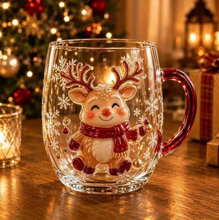 Christmas Double Wall Glass Mug Red Handle Xmas Snowman Reindeer Coffee Cup Holiday Decor Gift