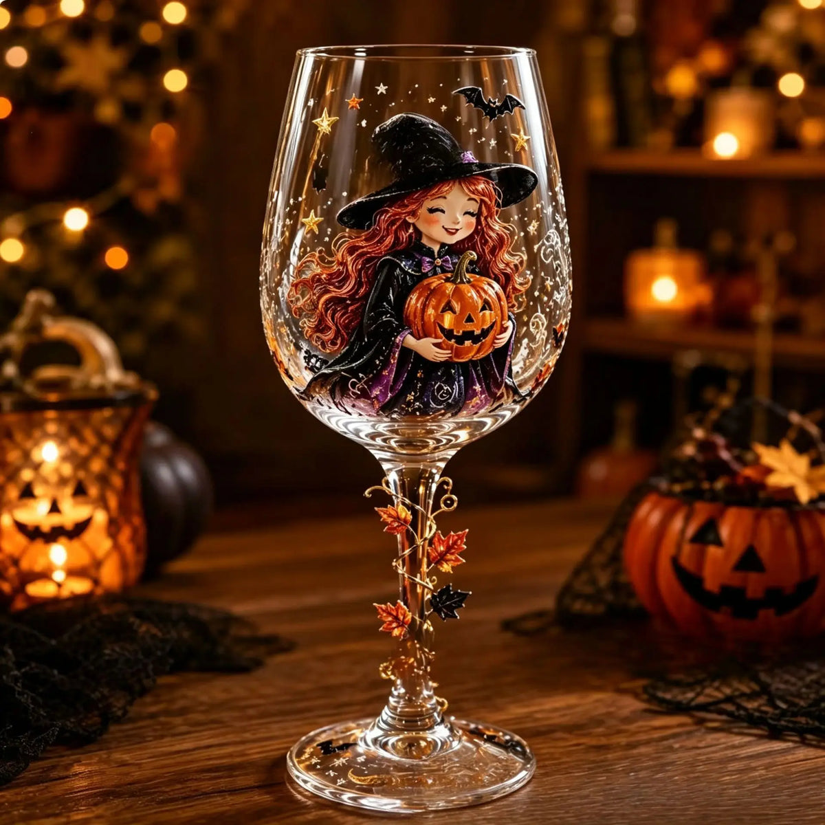 Spooky Halloween Wine Goblet with Sticker Design Witch Ghost Pumpkin Cat Decorative Stemmed Glass for Party Home Bar