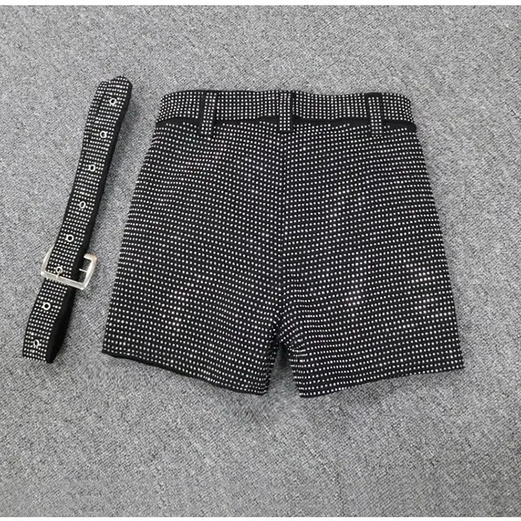 Rhinestone Shorts Women Wide Leg Shorts High Waist Sexy New Fashion Elastic Waist Diamond Casual Hot Pants Female belt
