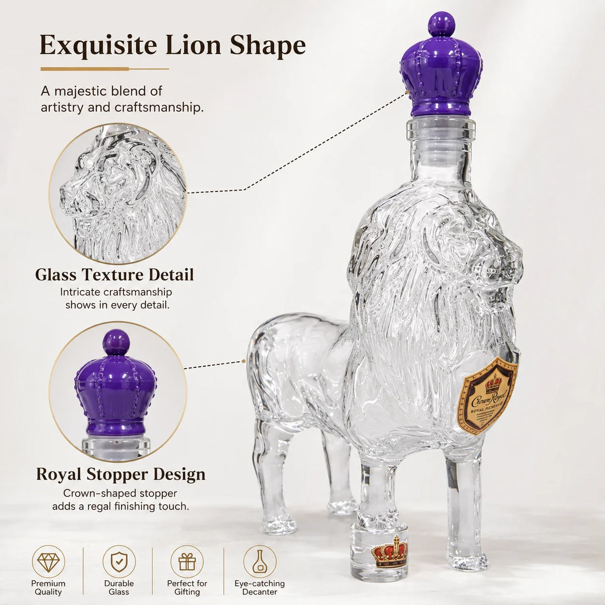 Vintage Style Lion Glass Liquor Decanter Purple Crown Stopper Decorative Whiskey Bottle Home Bar Accessories Gift