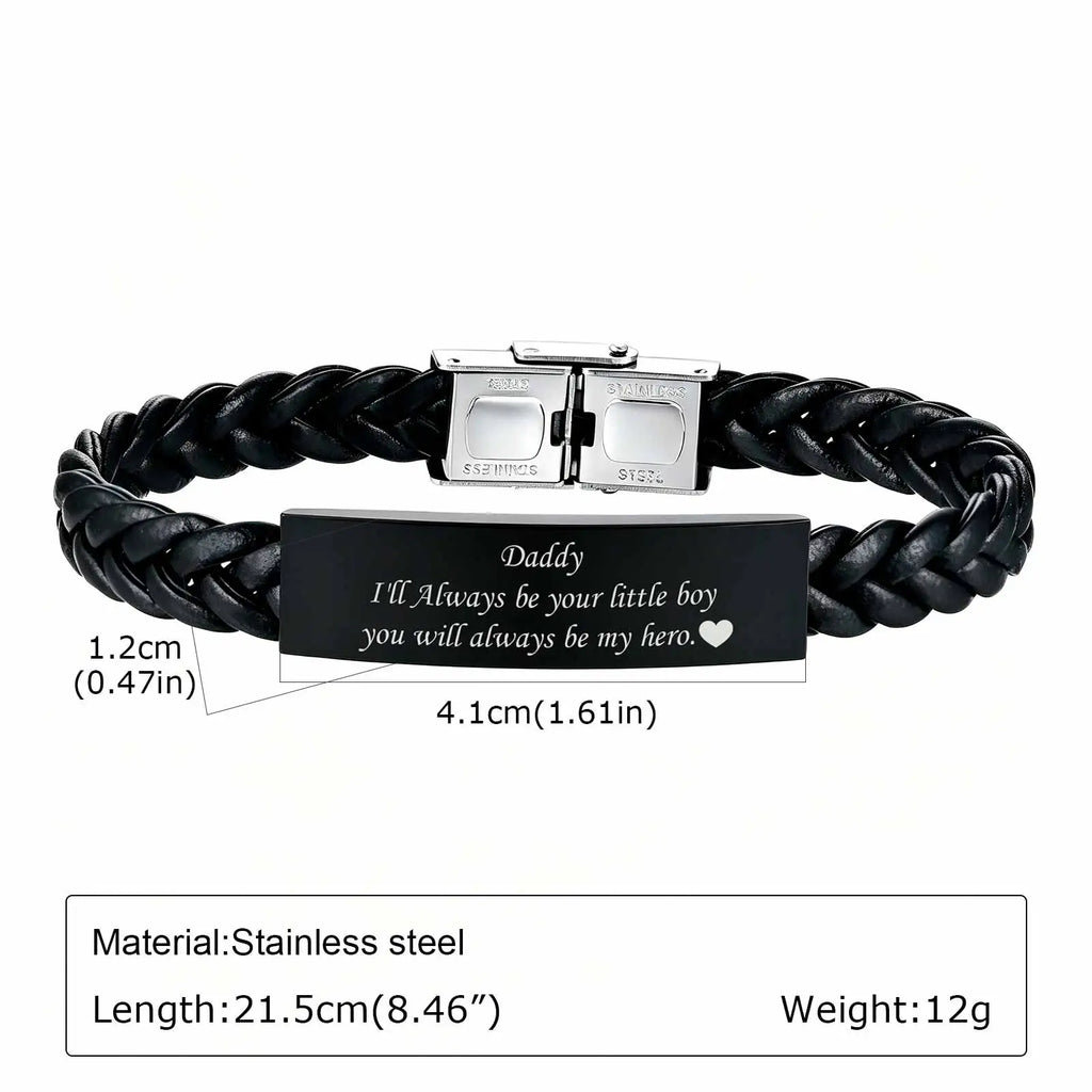 Black Leather Bracelet for Dad Him Men,Engraved Touching Words Stainless Steel Metal Wrsitband,Father's Day Gift