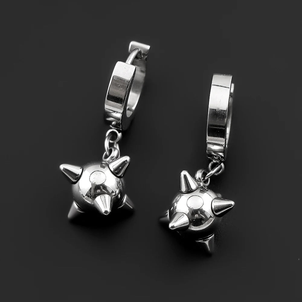 Gothic Spiky Sphere Drop Earrings Stainless Steel Spike Ball Dangle Huggie Hoops Dark Street Emo Piercing Decor Jewelry Gift