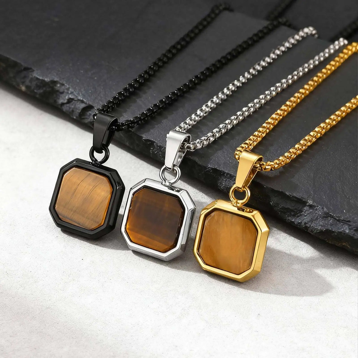 Brown Tiger Eye Stone Necklace for Men,Natural Stone Square Stainless Steel Necklace,Christmas  Anniversary Jewelry Gift
