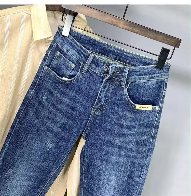 Korean Luxury Clothing Jeans Men's Autumn New High-end Brand Slim-fitting Small Feet Blue Washed Retro Ruffian Handsome Trousers