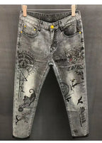 High-end Hot Diamond Jeans Men's Spring and Autumn Tide Brand Slim-fitting Small Feet Tiger Print Gray Casual Men Trousers Man