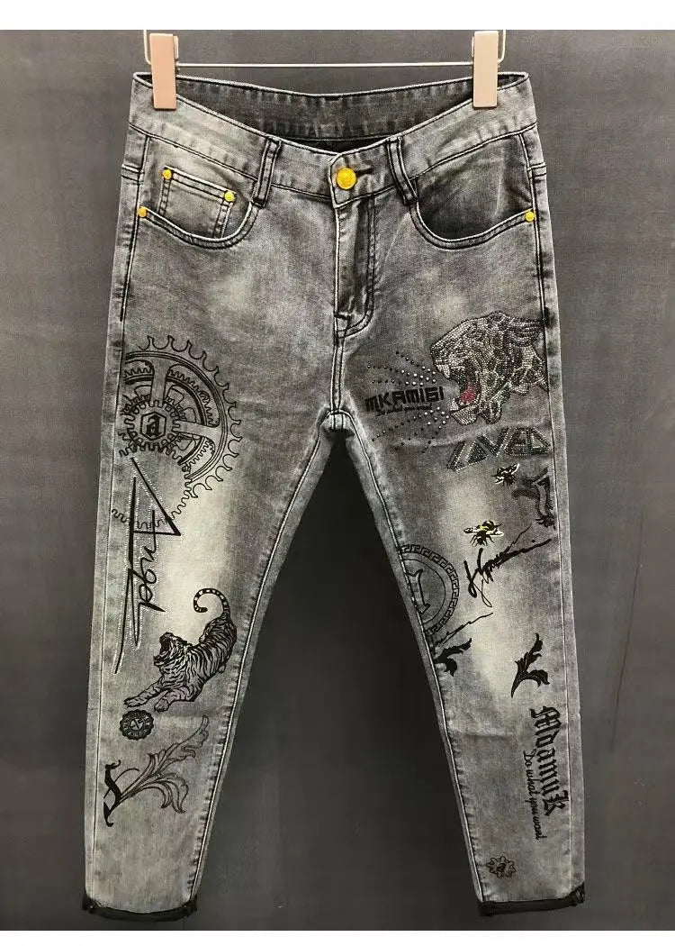 High-end Hot Diamond Jeans Men's Spring and Autumn Tide Brand Slim-fitting Small Feet Tiger Print Gray Casual Men Trousers Man