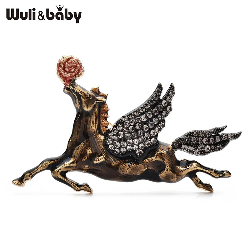 Wuli&baby Taking Rose-flower Horse Brooches 4-color Enamel Fly Running Horse Animal Brooch For Women's Clothes Pins Gifts