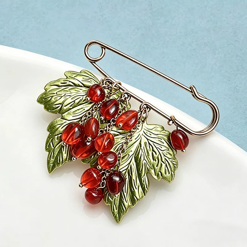 PENDRA Scarlet Vintage Red-Bead Leaf Flower Brooch