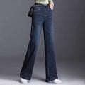 Elastic waisted denim wide leg pants women in spring and autumn new high waisted slim straight leg floor length pants