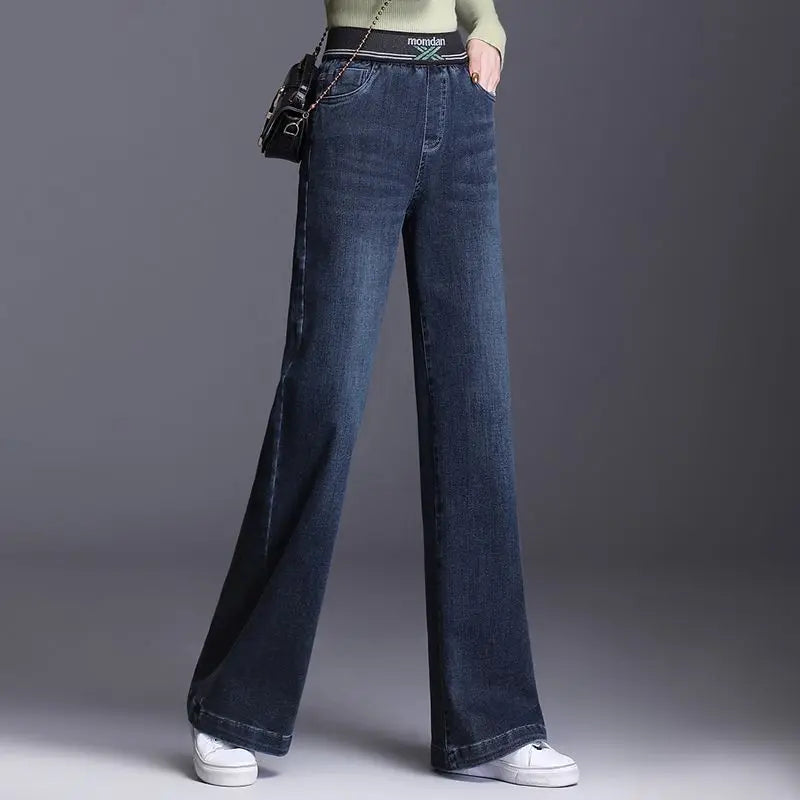 Elastic waisted denim wide leg pants women in spring and autumn new high waisted slim straight leg floor length pants