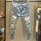 2025 Summer Ripped Jeans Men's Slim-fitting Small Feet Elastic Trousers Trendy Brand Fashion Scratched Patch Cargo Beggar Pants