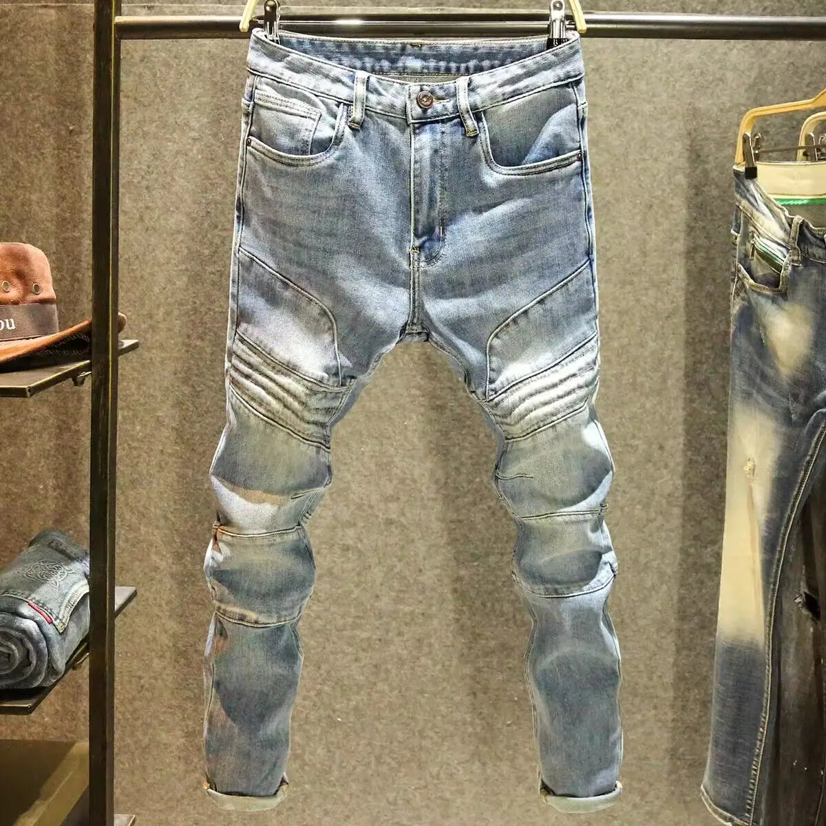 2025 Summer Ripped Jeans Men's Slim-fitting Small Feet Elastic Trousers Trendy Brand Fashion Scratched Patch Cargo Beggar Pants