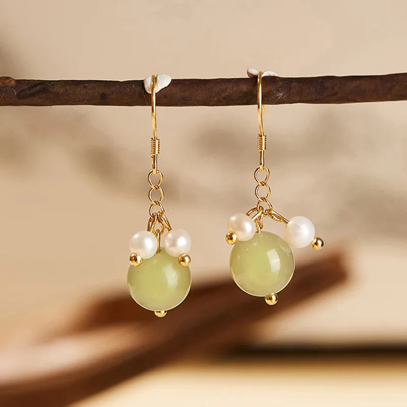 VENTFILLE Hetian Jade Ear Hook Earring Women's High-end Temperament Ethnic Style Retro Earrings Cloisonne Craft Dangler Gift