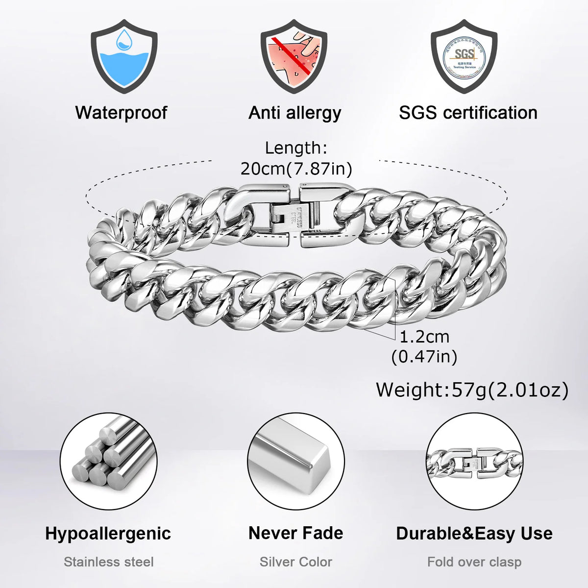 6-12MM Cuban Chain Mens Bracelet,Waterproof Stainless Steel Curb Link Chain Wristband,Punk Jewelry Gifts