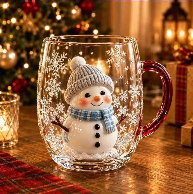 PENDRA Snowman Reindeer Double-Wall Red-Handle Glass Mug