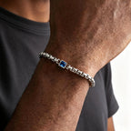 Square Blue Black Stone Bracelet for Men,Adjustable Stainless Steel Box Chain Wristband,Trendy Jewelry Gift for Him Dad