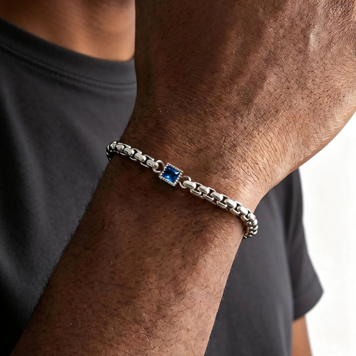 Square Blue Black Stone Bracelet for Men,Adjustable Stainless Steel Box Chain Wristband,Trendy Jewelry Gift for Him Dad