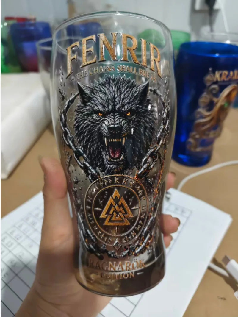Fenrir Wolf Viking Myth Glass Mug, Norse Symbol Whiskey Cocktail Cup, Barware for Party Beer Water Decor