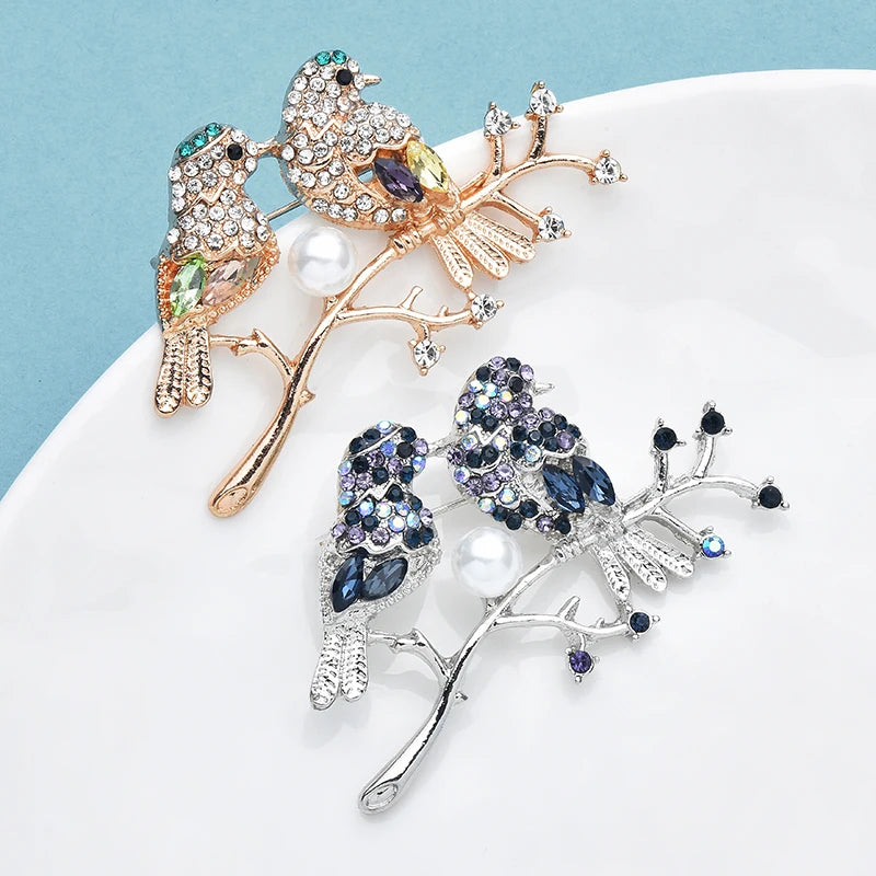 Wuli&baby Crystal Couple Birds Bullfinch Brooch Pearl Pyrrhula Pin Elegant Women Jewelry Badge For Suit Sweater and Dress