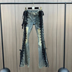 Lace Up Flare Jeans Retro Stitch Lace Whiskers Slim Low Rise Split Bootcut Pants Women Bell Bottoms Streetwear
