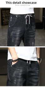 Clothes Y2k Man 2000s Summer Thin Stripe Men's Loose Casual Shorts Korean Denim Luxury  Elastic Waist Knee Pants Black Jeans Man