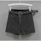 Rhinestone Shorts Women Wide Leg Shorts High Waist Sexy New Fashion Elastic Waist Diamond Casual Hot Pants Female belt