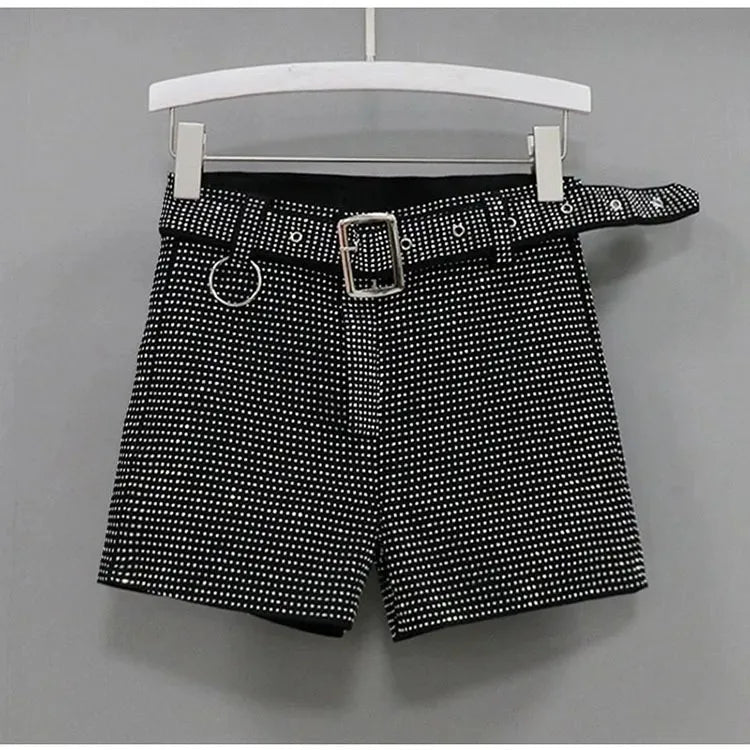 Rhinestone Shorts Women Wide Leg Shorts High Waist Sexy New Fashion Elastic Waist Diamond Casual Hot Pants Female belt