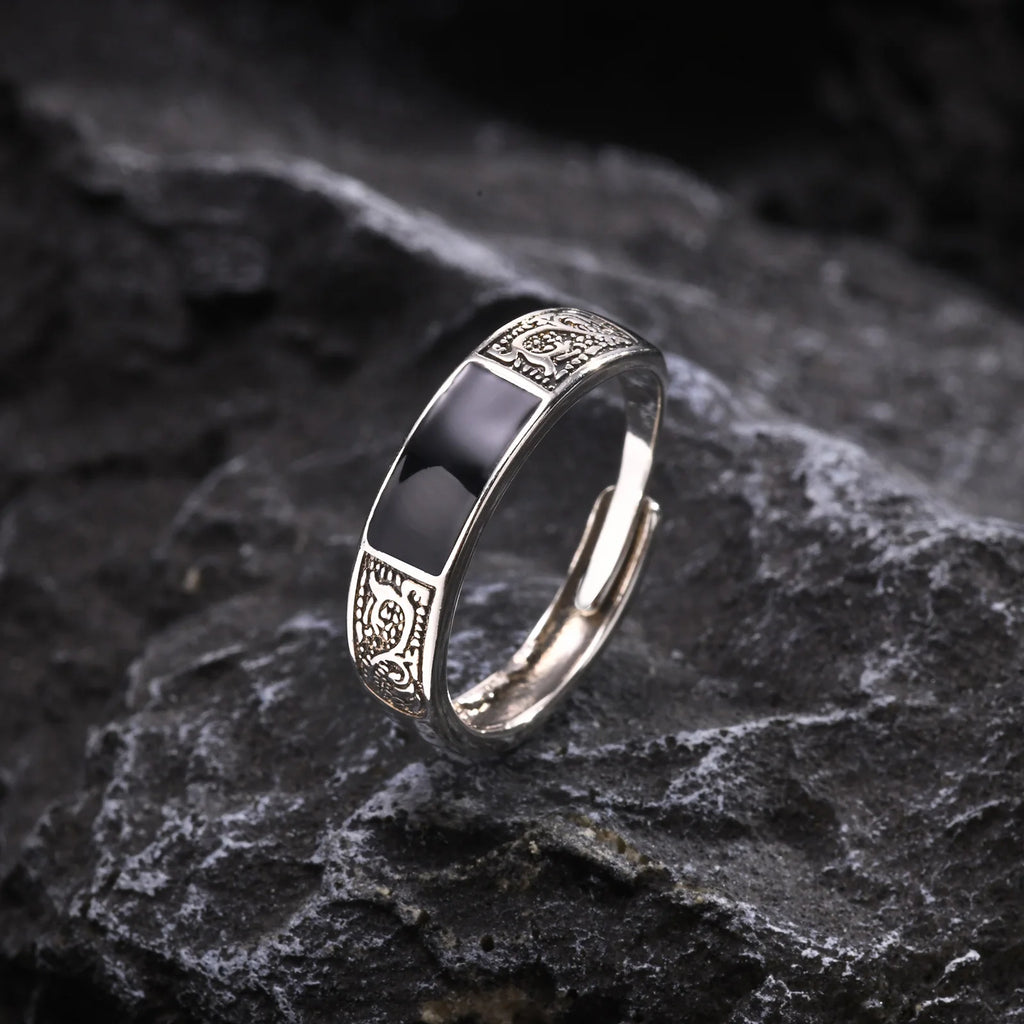 Mprainbow Punk Vintage Rings for Men, Retro Dragon Pattern Finger Band,Black Geometric Square Stone Signet Ring,Adjustable Ring