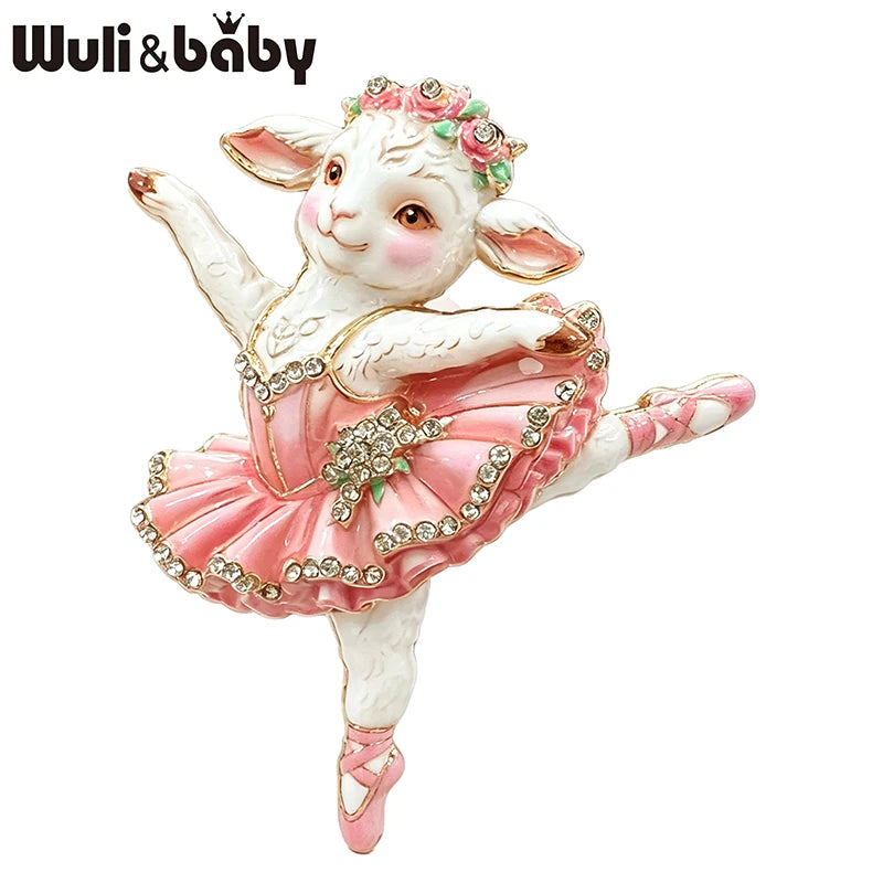 Wuli&baby Cute Ballet Sheep Brooches For Women Unisex 5-color Rhinestone Dress Goat Dancer Animal Party Casual Brooch Pins Gifts