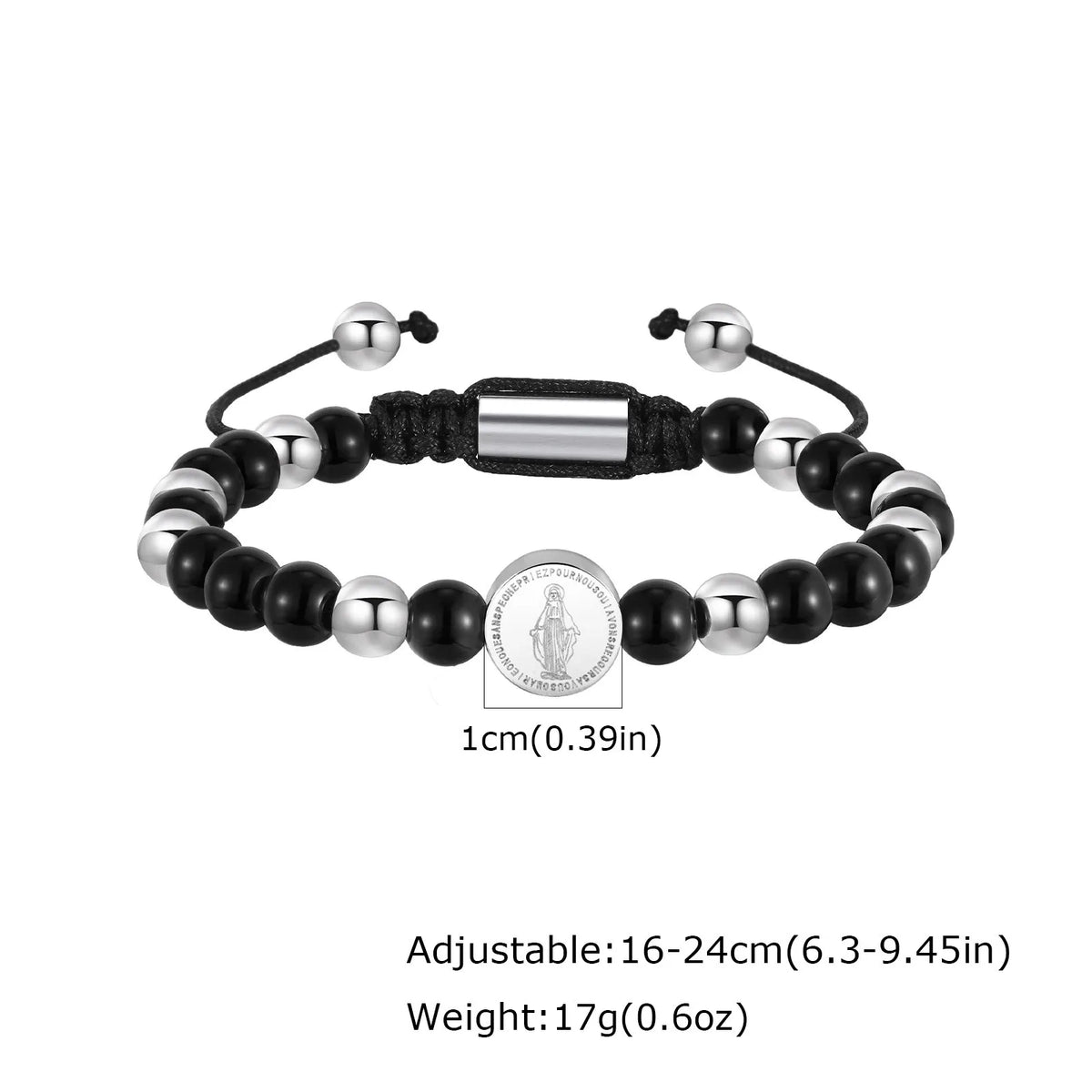 Virgin Mary Beaded Bracelets for Men Boys,Waterproof Stainless Steel Round Charms Wristband,Religious Prayer Jewelry Gift