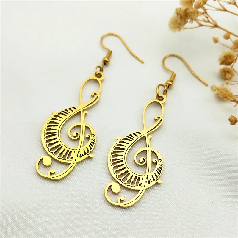 Music Note Treble Clef Earring Drops For Women Stainless Steel Gold Color Hollow Earrings Music Symbol Party Gift Jewelry E8598