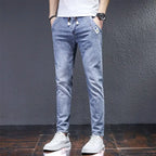 Man Fashion Elastic Waist Denim Jeans Men's Elastic Slim-fit Harlan 2026 New Light-colored Casual Trend Drawstring Men's Pants