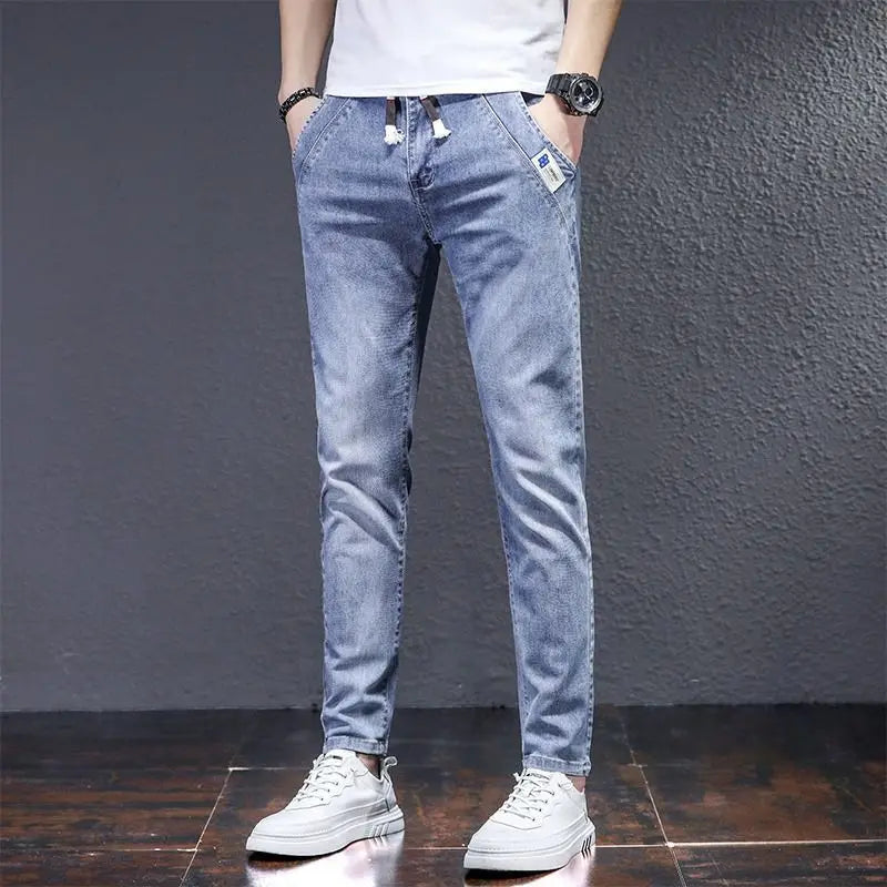 Man Fashion Elastic Waist Denim Jeans Men's Elastic Slim-fit Harlan 2026 New Light-colored Casual Trend Drawstring Men's Pants