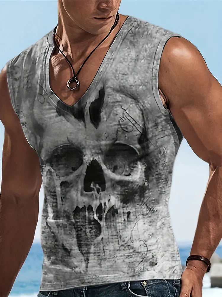 Summer Everyday Street Men's Fashion Tank Top Outdoor Casual Men's Sleeveless T-shirt 3D Skull Print Men's V-neck Tank Top