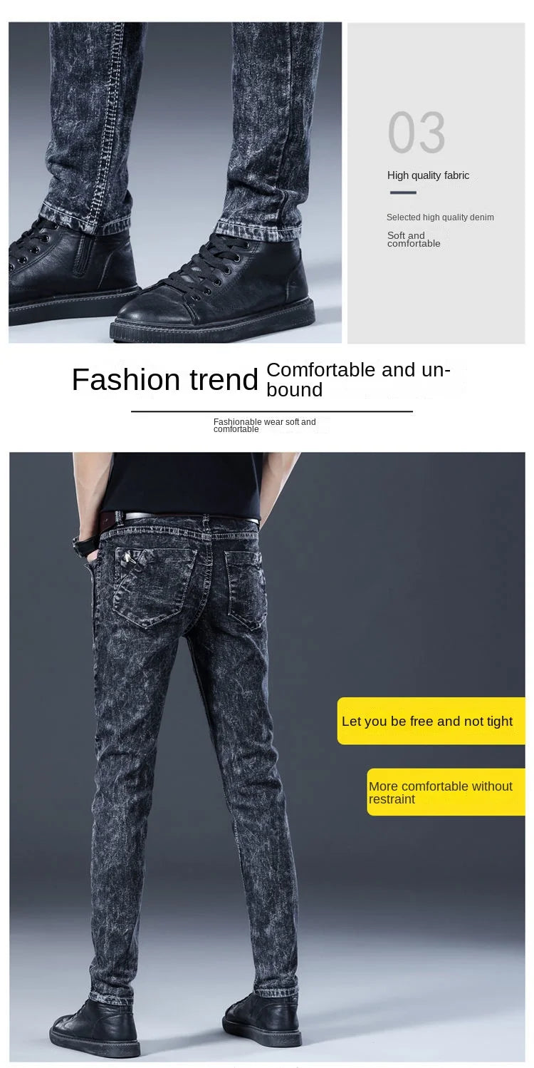 Autumn Winter Brushed Cowboy Luxury Slim Designer Clothes Male Korean Style Denim Skinny Plush Grey Jean Pants Trousers for Men