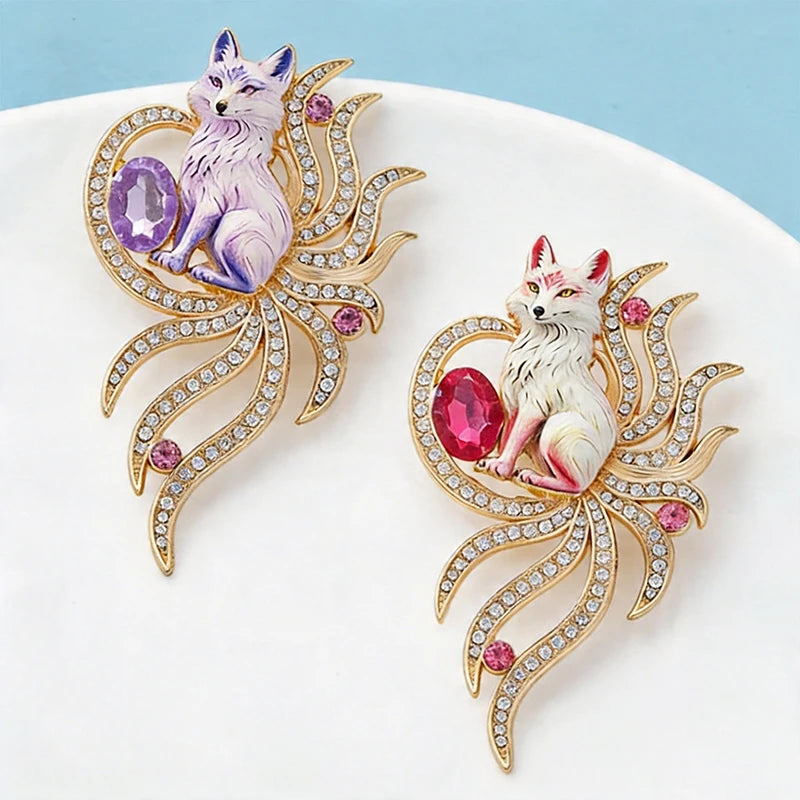 PENDRA Nine-Tail Fox Rhinestone Animal Brooch