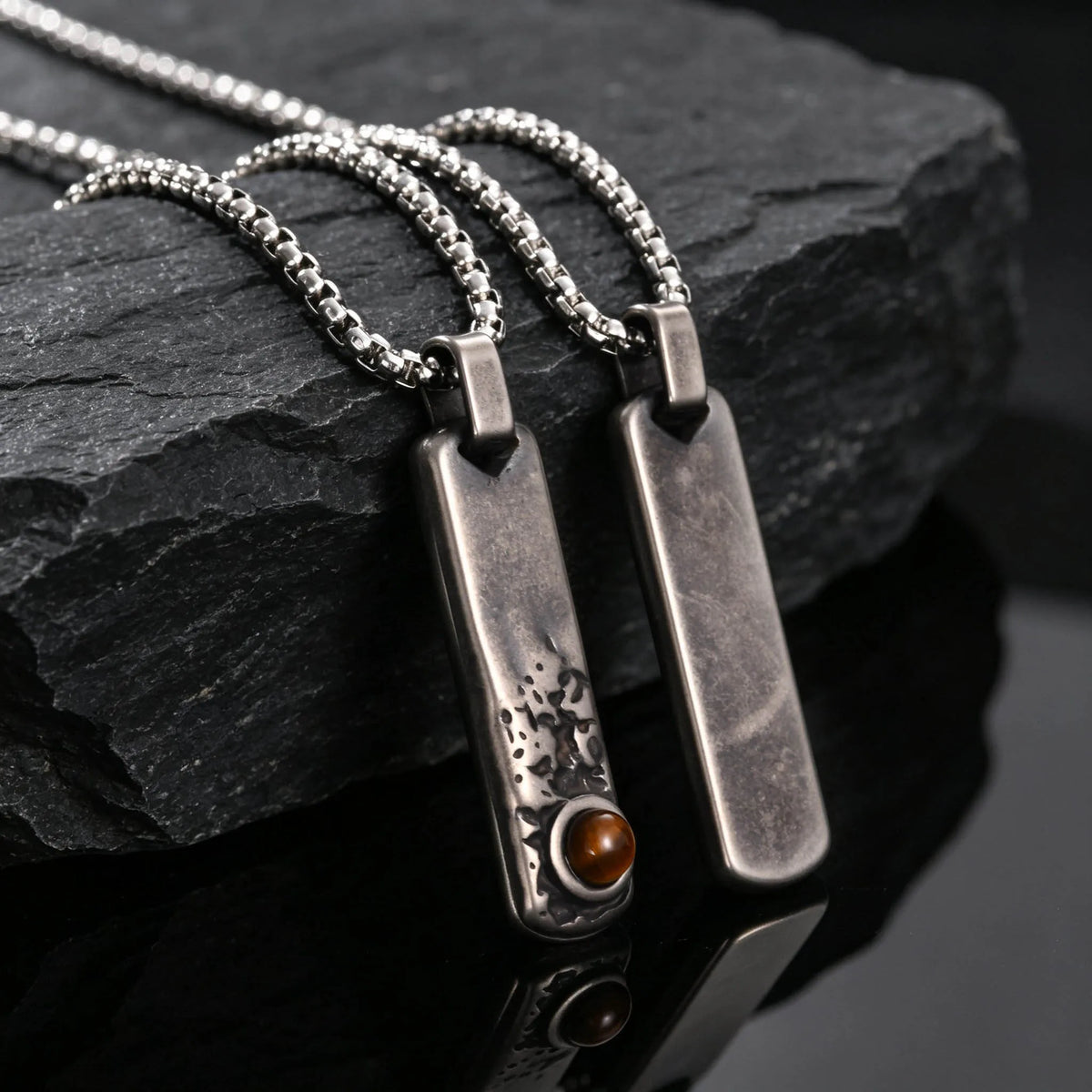 Vintage Men's Natural Stone Rectangle Pendant Necklace,Grey Stainless Steel Thin Bar Necklace,Birthday Party Jewelry Gift
