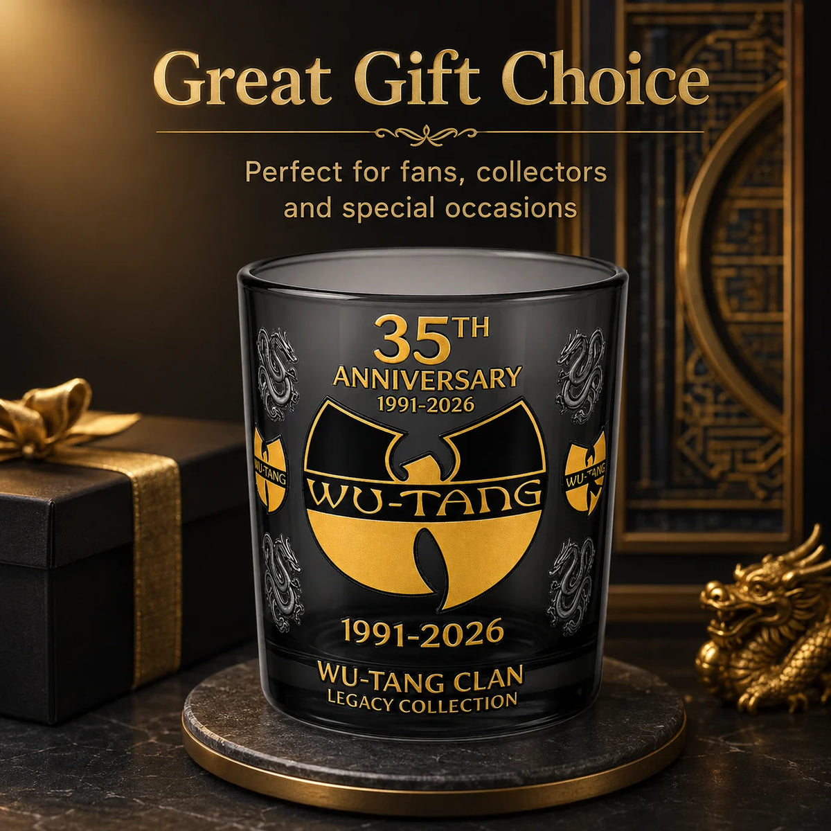 35th Anniversary Wu-Tang Clan Whiskey Glass Black Smoky Rock Cup Premium Gold Print Bar Party Gift
