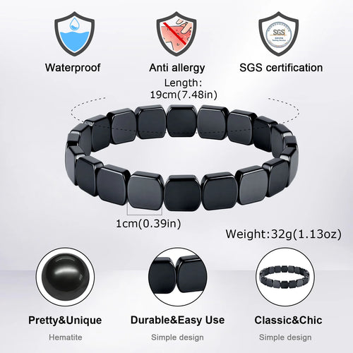 10mm Chunky Hematite Elastic Bracelet for Men,Black Natrual Stone Positive Energy Yoga Beaded Bracelet Gift