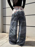 American High-Street 3D Print Design Blue Loose Jeans Y2K Street Trendy Fashion Versatile High-Waist Wide-Leg Pants